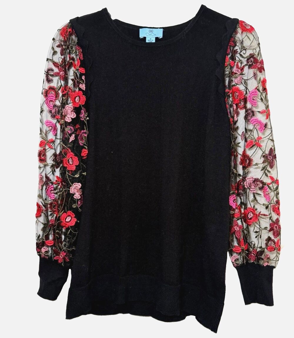 CeCe Women’s M Black Floral Embroidered Mesh Sleeve Cotton Sweater Tunic